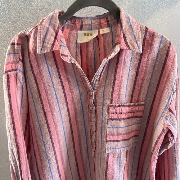 Maeve by Anthropologie Multicolored Striped Lida Linen Cotton Blend Shirt Size S - Picture 3 of 9
